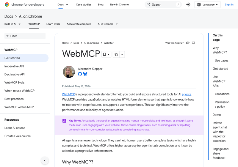 The official Chrome for Developers WebMCP documentation page