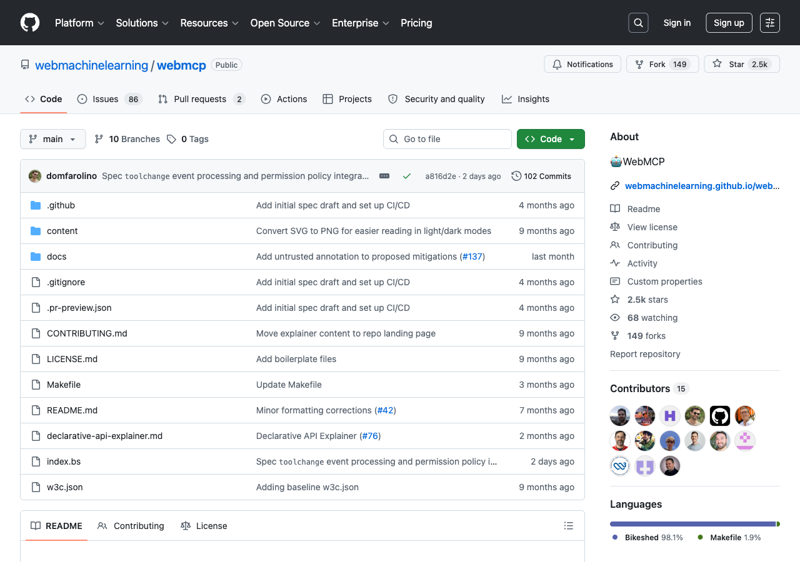The W3C Web Machine Learning Community Group’s WebMCP repository on GitHub