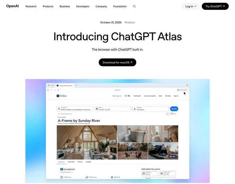 OpenAI’s ChatGPT Atlas launch page, describing it as “the browser with ChatGPT built in,” with the Atlas interface booking a vacation rental
