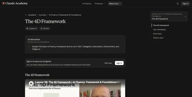 The 4D Framework lesson page inside AI Fluency: Framework & Foundations, showing the lesson objective and embedded video