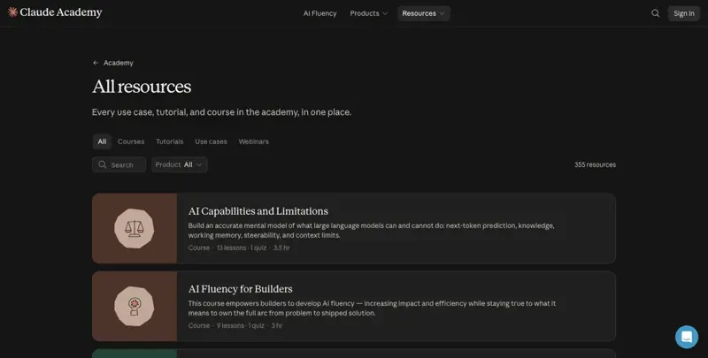 The “All resources” catalog page on Claude Academy, showing 355 resources with filters for Courses, Tutorials, Use cases, and Webinars
