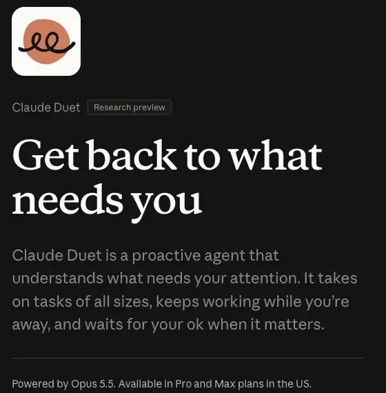 Anthropic’s Claude Duet product page, showing the Research preview label and the headline Get back to what needs you