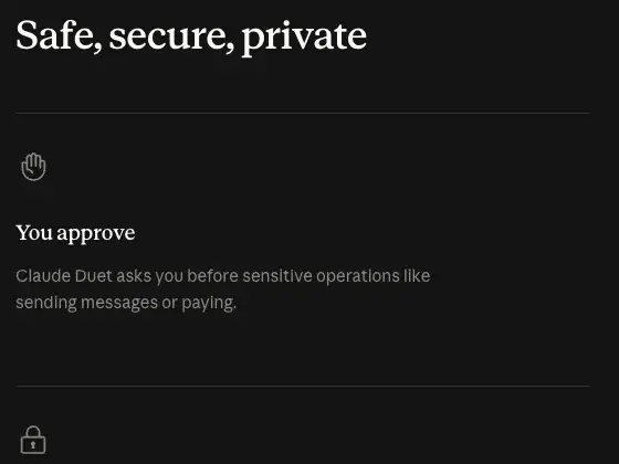 The Safe, secure, private section of Anthropic’s Claude Duet page, with the line Claude Duet asks you before sensitive operations like sending messages or paying