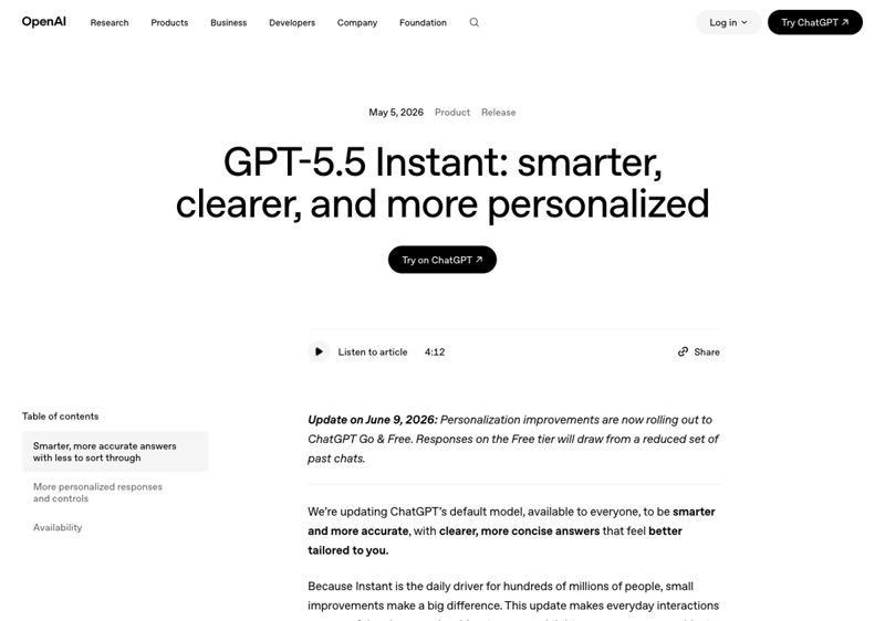 OpenAI’s official GPT-5.5 Instant announcement page