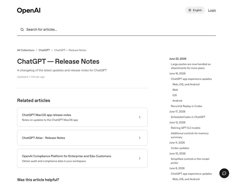 OpenAI ChatGPT Release Notes changelog showing June 2026 entries including “Simplified controls in the model picker” (June 10) and “Retiring GPT-5.2 models” (June 12)