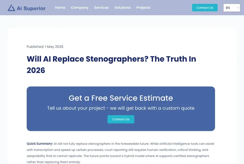 Industry analysis concluding AI will not fully replace stenographers in 2026 — a hybrid model where AI supports certified reporters