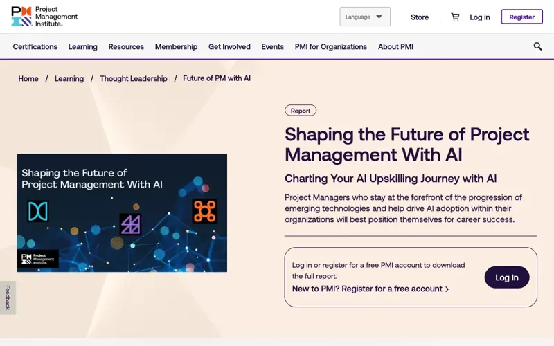 PMI’s official “Shaping the Future of Project Management With AI” report landing page, showing the tagline “Project Managers who stay at the forefront of the progression of emerging technologies and help drive AI adoption within their organizations will best position themselves for career success”