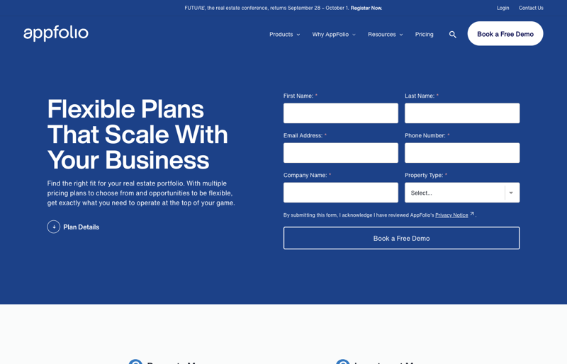 AppFolio’s pricing page shows no actual prices — just a lead-capture form asking for your company name and property type before you can see a number