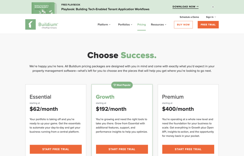 Buildium’s published pricing tiers — Essential at $62/month, Growth at $192, Premium at $400 — the one platform here with a real small-portfolio entry point