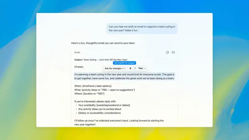ChatGPT showing a drafted email in a writing block with a Send button, alongside the connected Gmail account, on the web