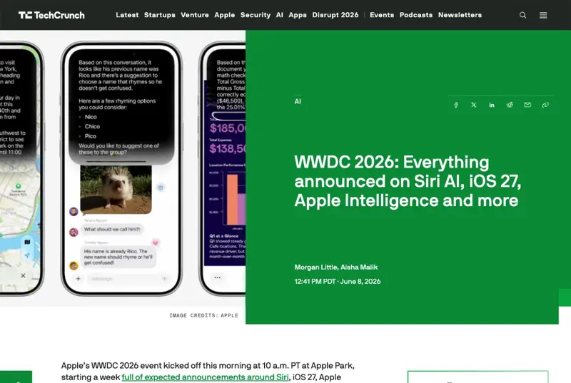 TechCrunch’s WWDC 2026 recap headline — everything announced on Siri AI, iOS 27, and Apple Intelligence