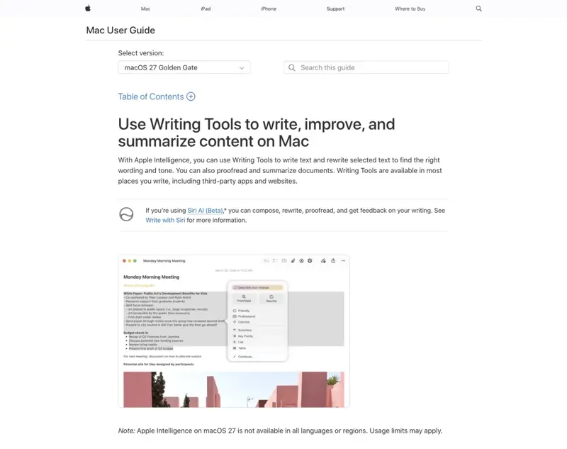 Apple’s official Writing Tools support page showing the Proofread, Rewrite, Summarize, and List/Table options available on Mac