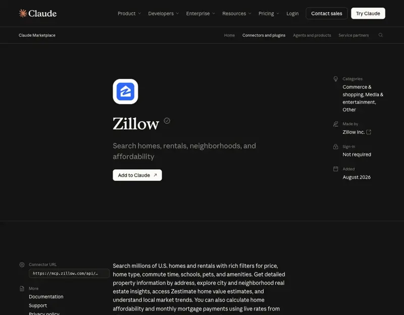 The Zillow connector’s page in Claude’s directory: made by Zillow Inc., Anthropic verified, sign-in not required, added August 2026