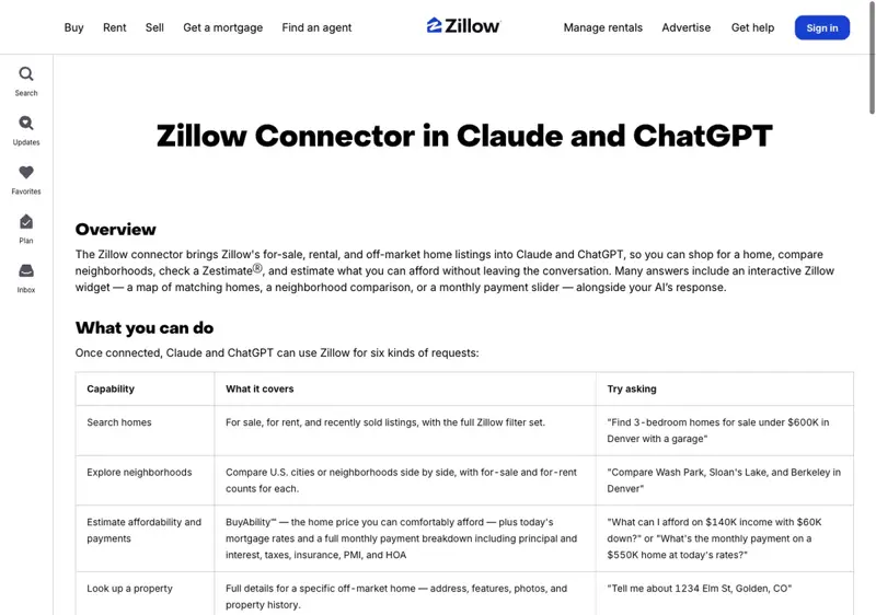 Zillow’s help page “Zillow Connector in Claude and ChatGPT” with its table of what the connector can do: search homes, explore neighborhoods, estimate affordability, look up a property, check a Zestimate