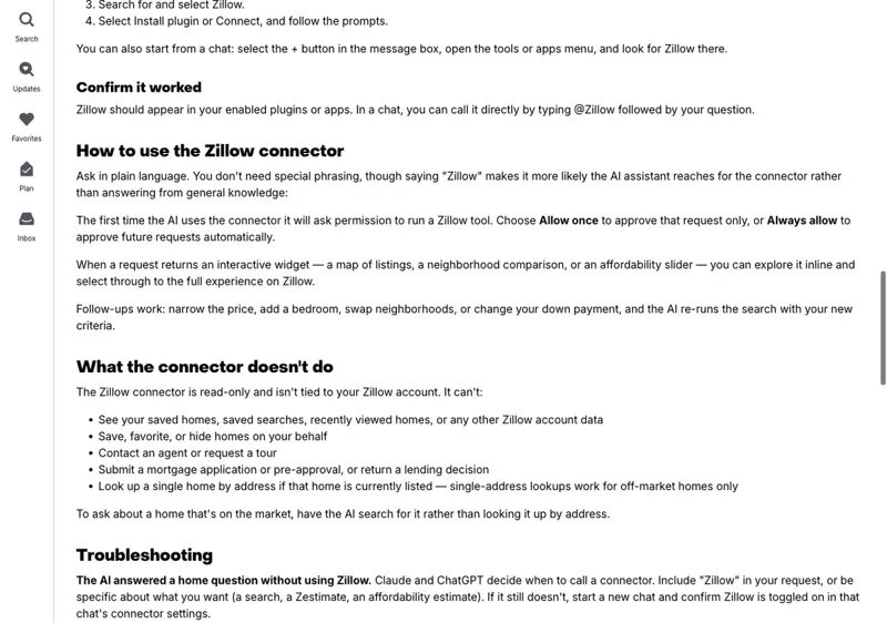 Zillow’s help page, “What the connector doesn’t do”: read-only, can’t contact an agent or request a tour, can’t submit a mortgage application, single-address lookup works for off-market homes only