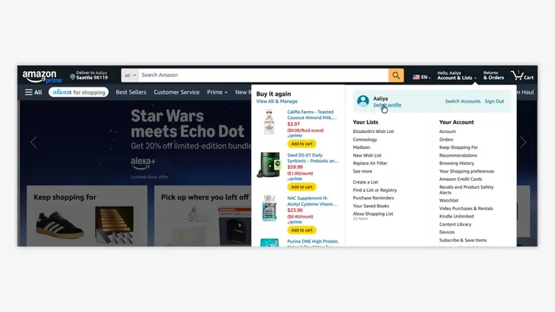 Amazon’s official desktop screenshot of the Account & Lists dropdown, showing Your Account links including Browsing History and Your Shopping preferences, and a “Switch profile” option