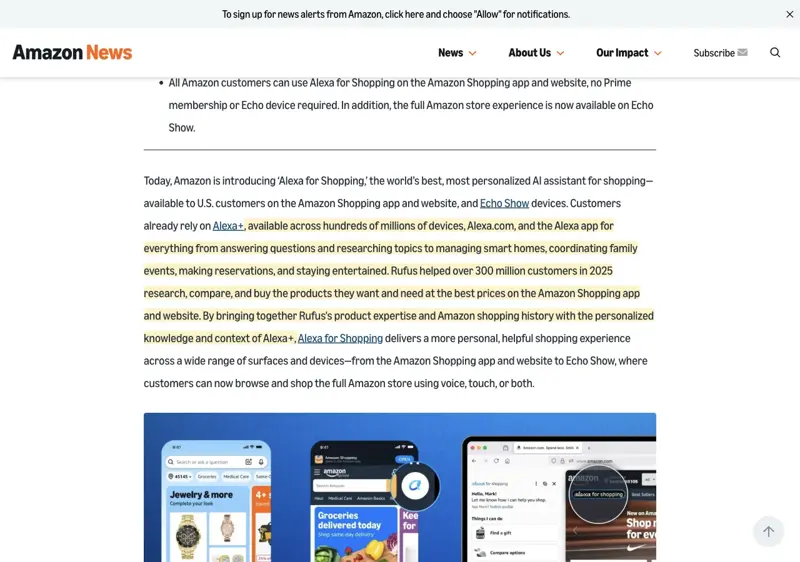 Amazon’s press announcement for Alexa for Shopping, with the highlighted passage describing how it brings together Rufus’s product expertise and shopping history with the personalized knowledge of Alexa+, and noting Rufus helped over 300 million customers in 2025