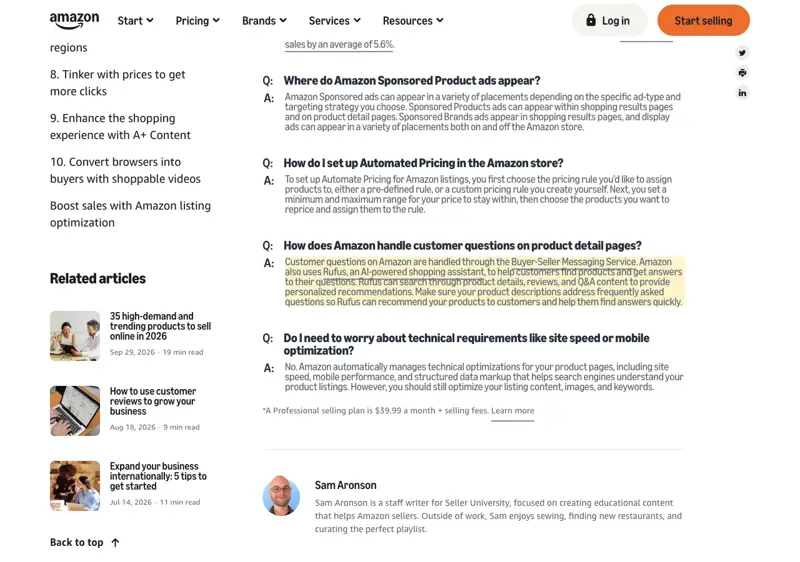 The Amazon Seller University article “How to boost Amazon listings to drive more sales: 10 tactics,” with a highlighted FAQ answer saying Rufus can search through product details, reviews and Q&A content, and telling sellers to address frequently asked questions in descriptions
