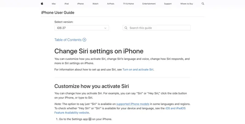 Apple Support page: Change Siri settings on iPhone, showing the iOS 27 version selector