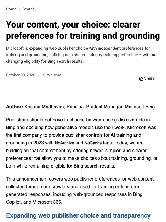 Microsoft Bing blog post of 30 October 2026, cropped to its title, summary and first paragraphs about training and grounding preferences