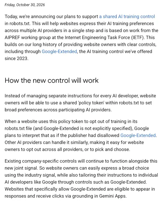 Google Search Central Blog post of 30 October 2026, cropped to its opening and the section on how the new control will work, including the sentence on what Google plans to do if Google-Extended is not named