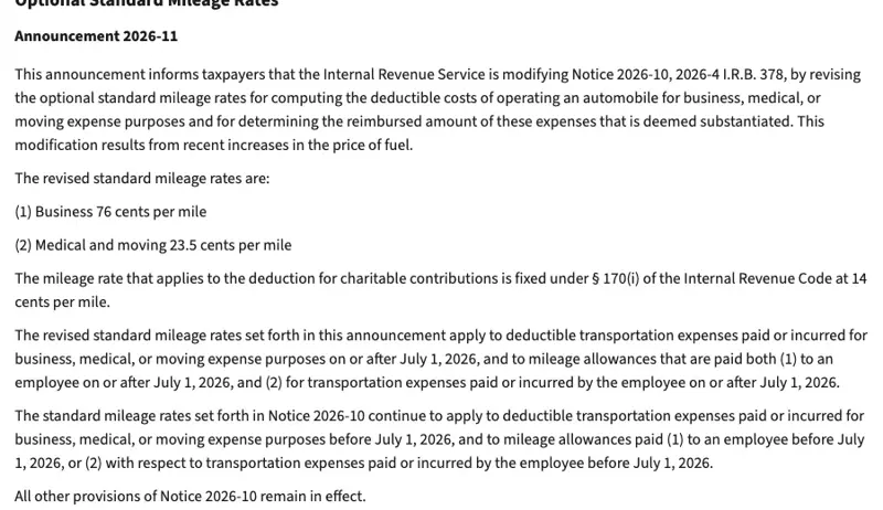 Announcement 2026-11 in Internal Revenue Bulletin 2026-29, showing business mileage at 76 cents per mile from July 1, 2026, and Notice 2026-10 still applying before that date