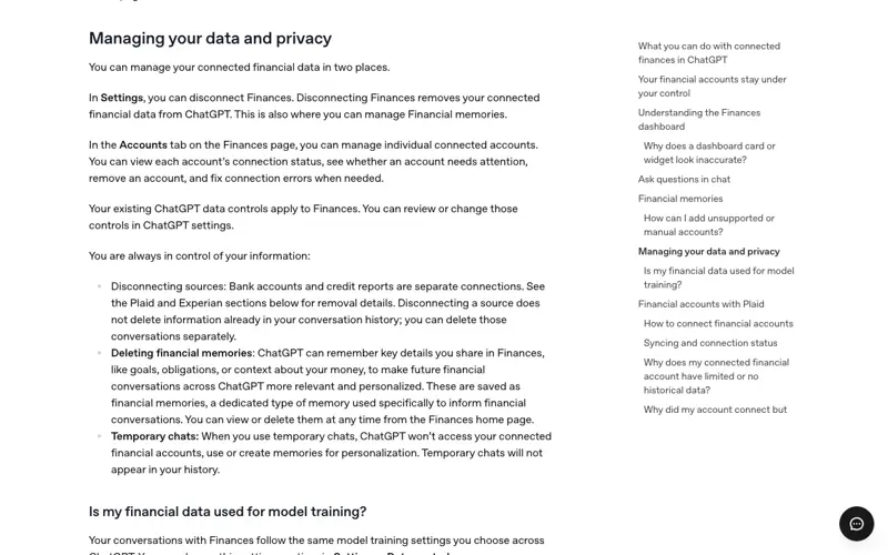 OpenAI help center section “Managing your data and privacy” explaining how to disconnect Finances in Settings, the Accounts tab, and how temporary chats and financial memories work