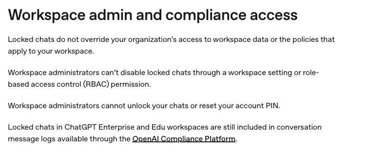 A crop of OpenAI’s help page section on workspace admin and compliance access: admins cannot unlock chats or reset a PIN, but Enterprise and Edu locked chats are still in Compliance Platform logs