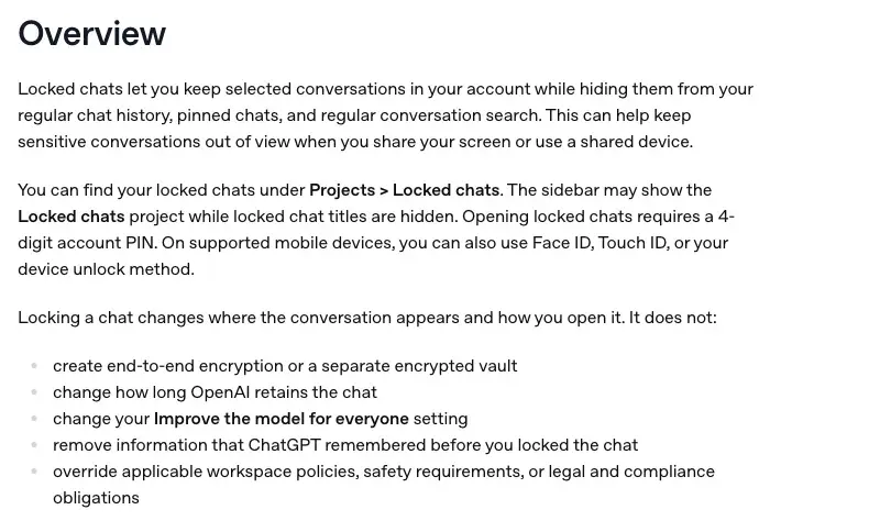 A crop of OpenAI’s Help Center page on locked chats showing the Overview section and the list of five things locking a chat does not do