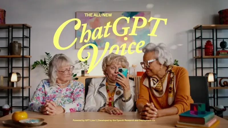 OpenAI’s retro-styled launch campaign for the all-new ChatGPT Voice, showing three older women chatting with a phone, captioned “Powered by GPT-Live-1”