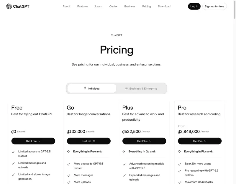 OpenAI’s official ChatGPT pricing page showing the Free, Go, Plus and Pro plan cards, with Plus marked “Advanced reasoning models with GPT-5.6” and Pro marked “Pro reasoning with GPT-5.6 Sol Pro”