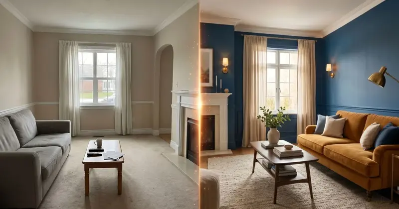 Before and after room redesign showing the same window, fireplace, and coffee table position preserved while wall color and furniture style change completely