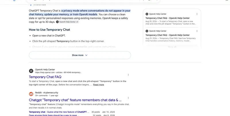 Google’s AI Overview for “chatgpt temporary chat” partially reflecting the new Personalize option, sitting directly above a year-old Reddit thread with outdated information about the feature