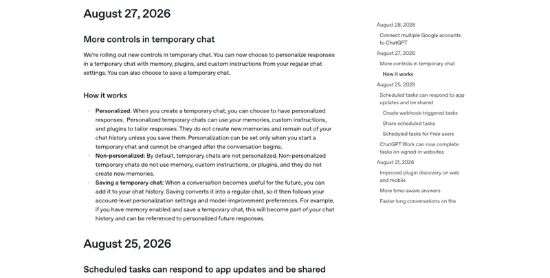 OpenAI’s official ChatGPT Release Notes page for August 27, 2026, showing the “More controls in temporary chat” entry with the Personalized, Non-personalized, and Saving explanations