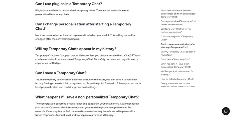 OpenAI’s Temporary Chat FAQ page answering “Can I save a Temporary Chat?” and “Will my Temporary Chats appear in my history?” with the 30-day safety-copy retention note visible