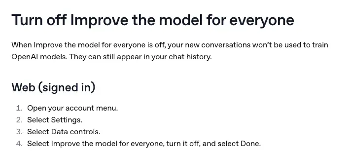 OpenAI Help Center “Data controls in ChatGPT” showing the steps to turn off “Improve the model for everyone” on web and mobile
