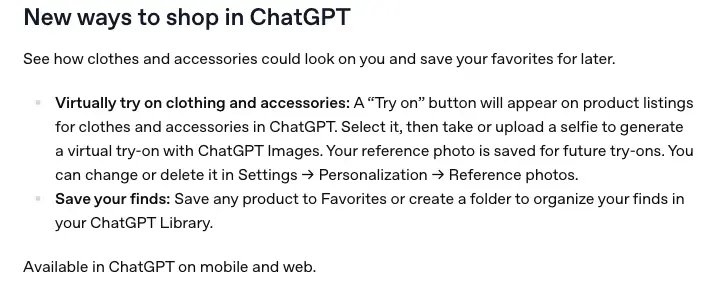 OpenAI’s ChatGPT release notes for October 1, 2026, “New ways to shop in ChatGPT”, describing the Try on button, the saved reference photo, and Favorites