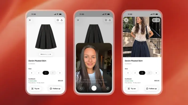Three phone screens from OpenAI’s launch demo: a denim pleated skirt listing with a Try on button, a camera screen saying “Take a clear photo of your face. Avoid hats, sunglasses, or headphones”, and the generated result showing the skirt on a person