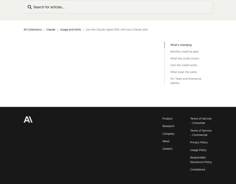 Anthropic’s official Agent SDK credit pool help-center page, showing the per-plan credit amounts and the no-rollover rule