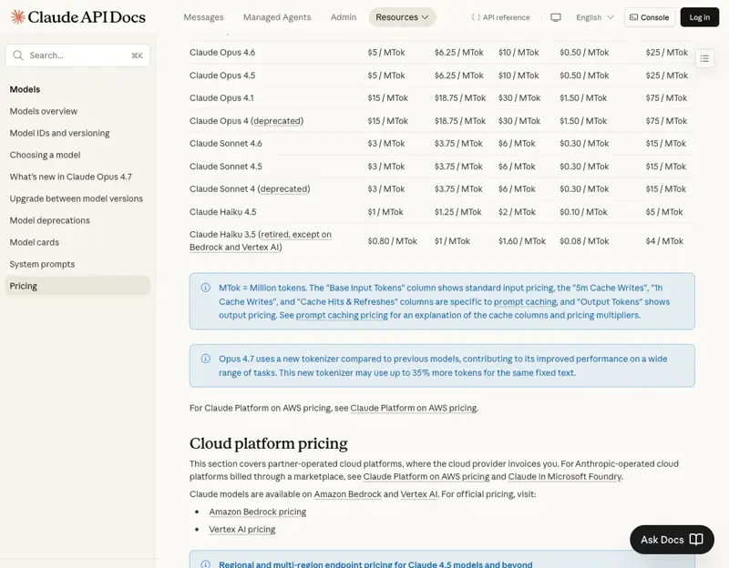 Anthropic API pricing page: Haiku 4.5 at $1/$5, Sonnet 4.6 at $3/$15, Opus 4.7 at $5/$25 per million tokens (input/output)