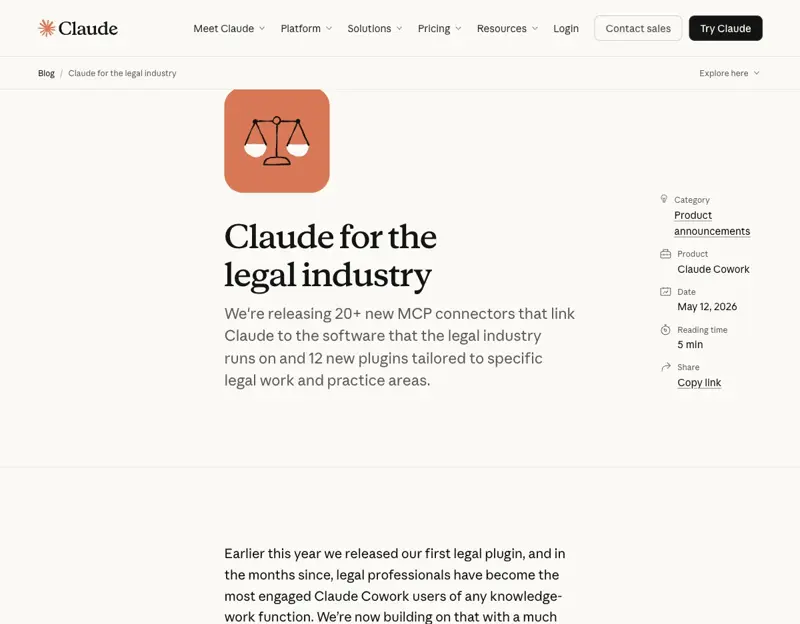 Anthropic’s May 12, 2026 blog post announcing Claude for Legal — 12 practice-area plugins and 20+ MCP connectors