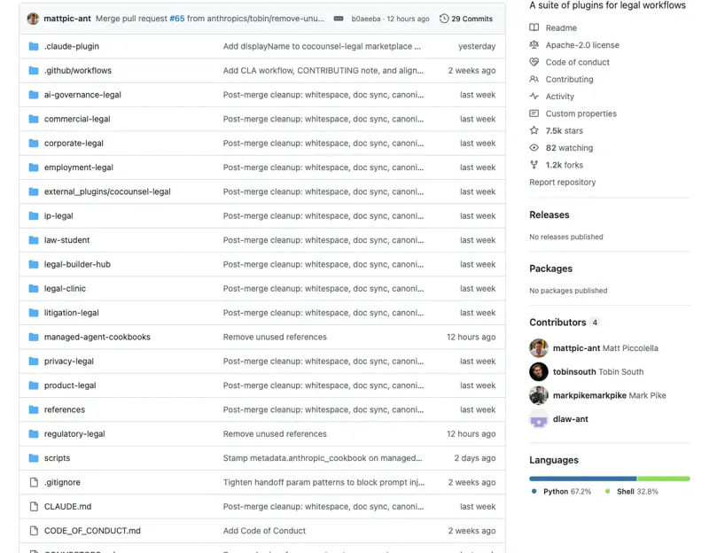 GitHub repository for anthropics/claude-for-legal — Apache 2.0 license, plugins for legal workflows
