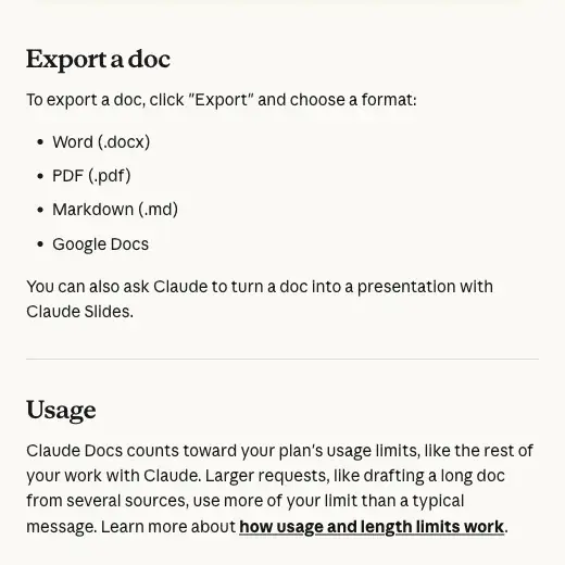 Anthropic’s Claude Docs help page, Export a doc section, listing Word (.docx), PDF (.pdf), Markdown (.md) and Google Docs, with the line “You can also ask Claude to turn a doc into a presentation with Claude Slides.”