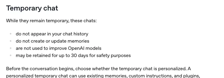 A crop of OpenAI’s Help Center section on temporary chat: not in chat history, no memories created or updated, not used to improve OpenAI models, may be retained for up to 30 days for safety purposes
