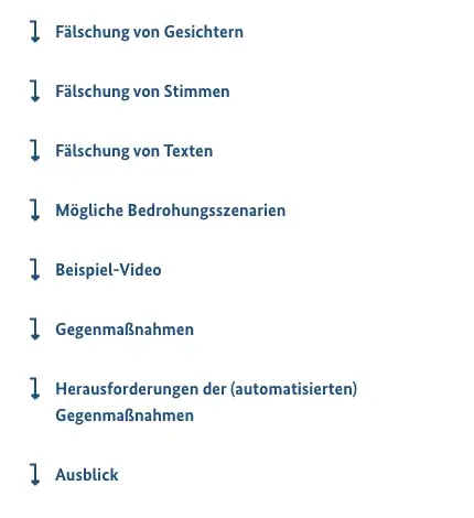 Gliederung der BSI-Seite „Deepfakes - Gefahren und Gegenmaßnahmen“ mit den Abschnitten Fälschung von Gesichtern, Stimmen und Texten, Bedrohungsszenarien, Gegenmaßnahmen und Herausforderungen der automatisierten Gegenmaßnahmen