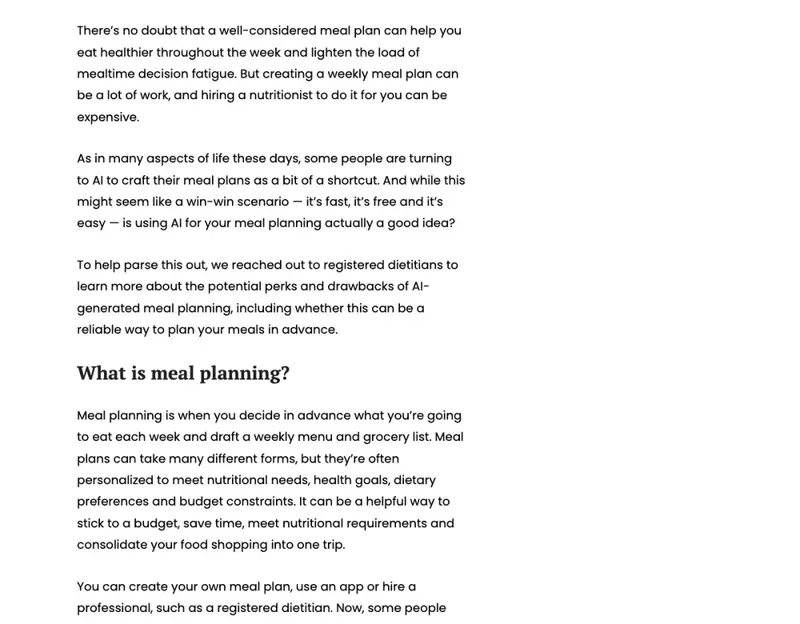 HuffPost feature in which registered dietitians weigh the perks and drawbacks of AI-generated meal planning