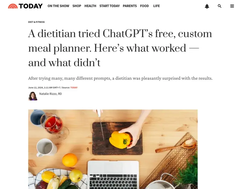 TODAY Health feature: a registered dietitian tries ChatGPT’s free custom meal planner and reports what worked and what didn’t