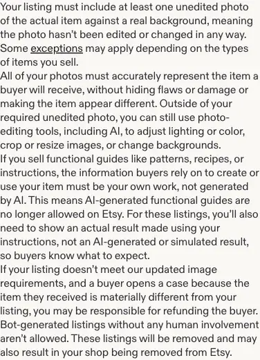 The section of Etsy’s October 22, 2026 Seller Handbook post that lists the policy changes: one unedited photo of the actual item, accurate photos, no AI-generated functional guides, refunds when a listing differs materially, and no bot-generated listings.
