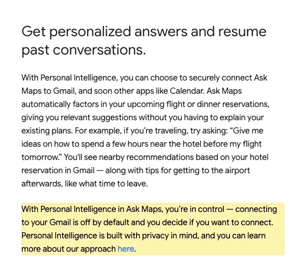 Google’s August 6 2026 Ask Maps post with the sentence that connecting Gmail is off by default highlighted