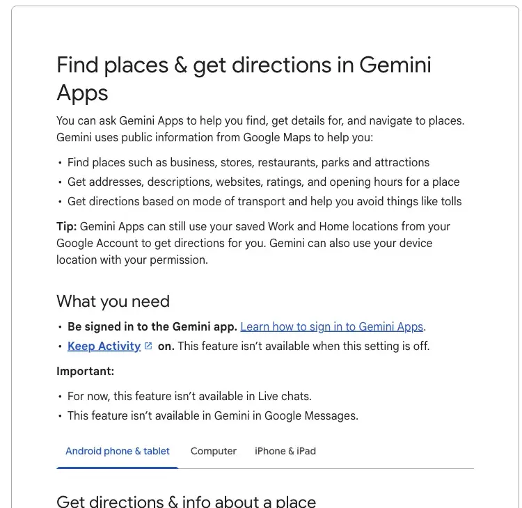 Google’s Gemini Apps Help page “Find places & get directions in Gemini Apps,” listing what Gemini can do with Google Maps and the requirement that Keep Activity is on